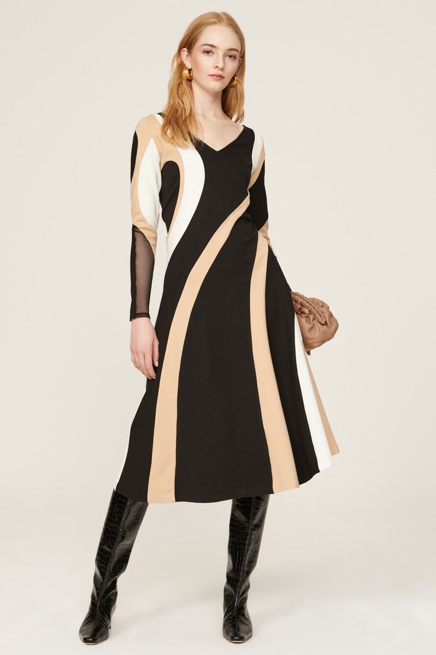 Donna Karan New York Spiral Blocked Black Tan A-Line Long Sleeve Flare Dress 0